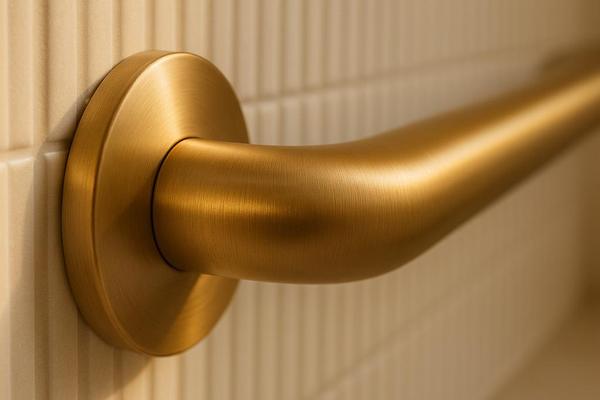Close-up of the brushed brass grab bar on fluted tile